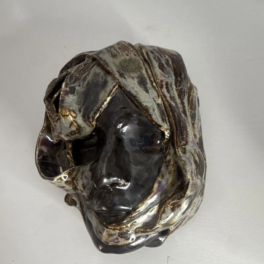 Glazed Ceramic Face Decorative Mask Wall Art - Black Brown Gold Purple